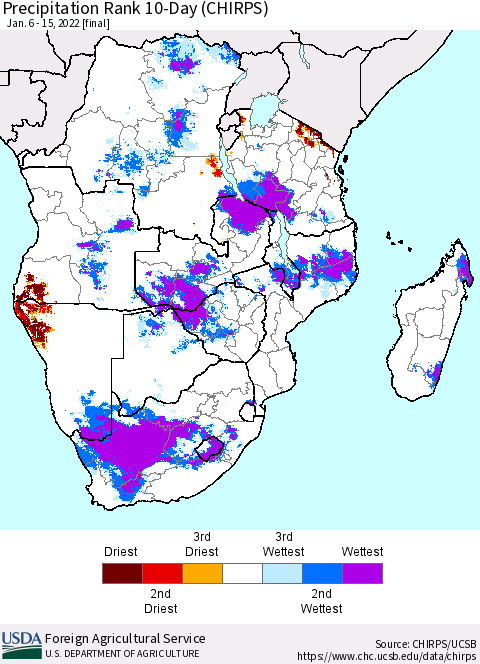Southern Africa Precipitation Rank since 1981, 10-Day (CHIRPS) Thematic Map For 1/6/2022 - 1/15/2022