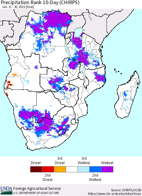 Southern Africa Precipitation Rank since 1981, 10-Day (CHIRPS) Thematic Map For 1/11/2022 - 1/20/2022