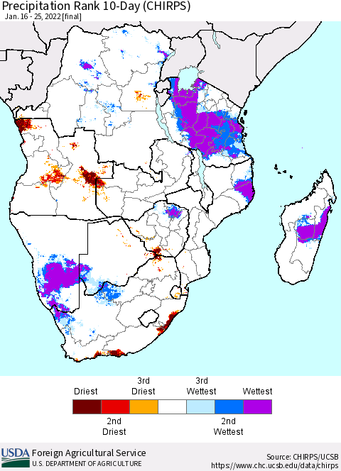 Southern Africa Precipitation Rank since 1981, 10-Day (CHIRPS) Thematic Map For 1/16/2022 - 1/25/2022