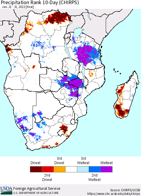 Southern Africa Precipitation Rank since 1981, 10-Day (CHIRPS) Thematic Map For 1/21/2022 - 1/31/2022