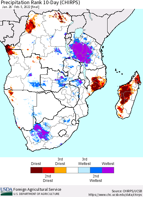 Southern Africa Precipitation Rank since 1981, 10-Day (CHIRPS) Thematic Map For 1/26/2022 - 2/5/2022