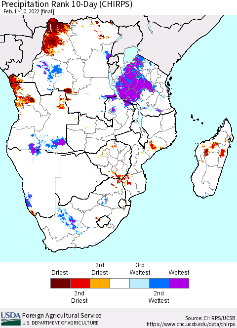 Southern Africa Precipitation Rank since 1981, 10-Day (CHIRPS) Thematic Map For 2/1/2022 - 2/10/2022