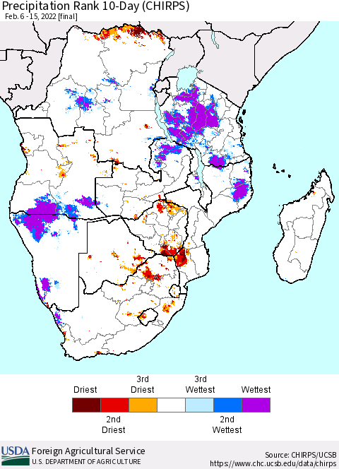 Southern Africa Precipitation Rank since 1981, 10-Day (CHIRPS) Thematic Map For 2/6/2022 - 2/15/2022