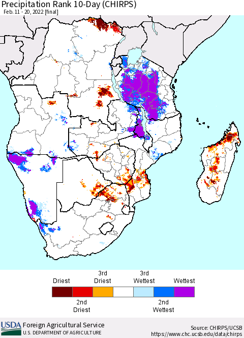 Southern Africa Precipitation Rank since 1981, 10-Day (CHIRPS) Thematic Map For 2/11/2022 - 2/20/2022