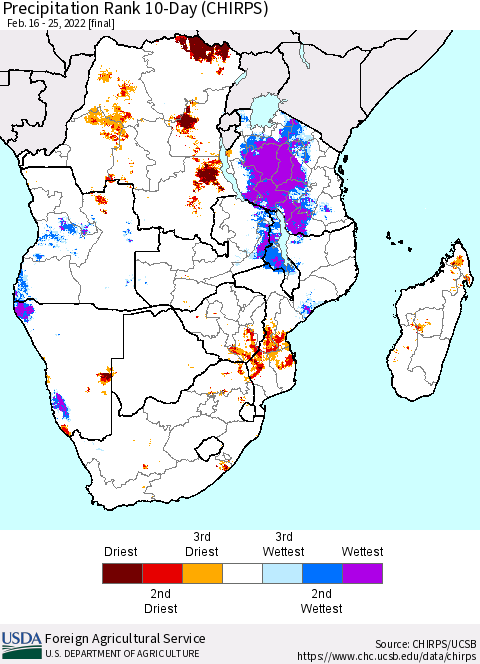 Southern Africa Precipitation Rank since 1981, 10-Day (CHIRPS) Thematic Map For 2/16/2022 - 2/25/2022