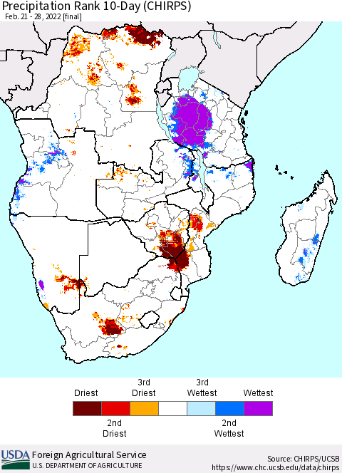 Southern Africa Precipitation Rank since 1981, 10-Day (CHIRPS) Thematic Map For 2/21/2022 - 2/28/2022