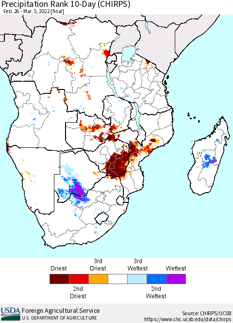 Southern Africa Precipitation Rank since 1981, 10-Day (CHIRPS) Thematic Map For 2/26/2022 - 3/5/2022