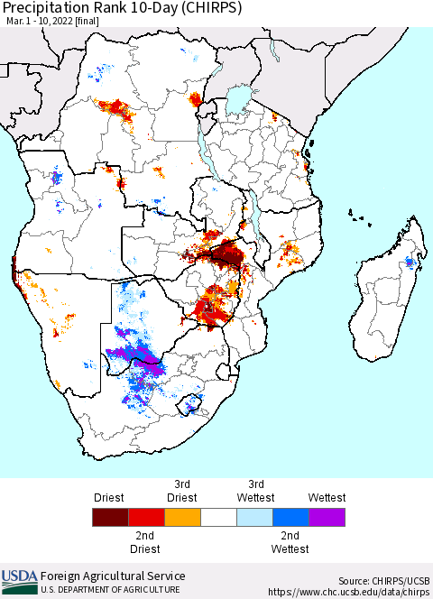 Southern Africa Precipitation Rank since 1981, 10-Day (CHIRPS) Thematic Map For 3/1/2022 - 3/10/2022
