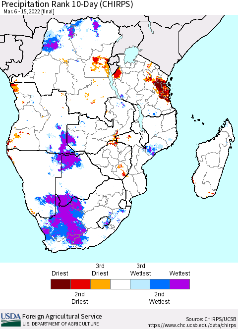 Southern Africa Precipitation Rank since 1981, 10-Day (CHIRPS) Thematic Map For 3/6/2022 - 3/15/2022