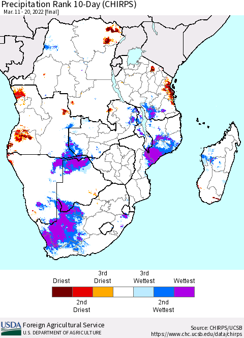 Southern Africa Precipitation Rank since 1981, 10-Day (CHIRPS) Thematic Map For 3/11/2022 - 3/20/2022