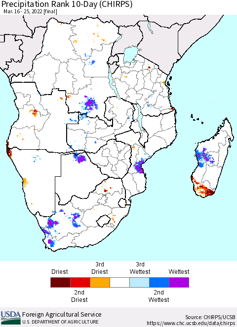 Southern Africa Precipitation Rank since 1981, 10-Day (CHIRPS) Thematic Map For 3/16/2022 - 3/25/2022