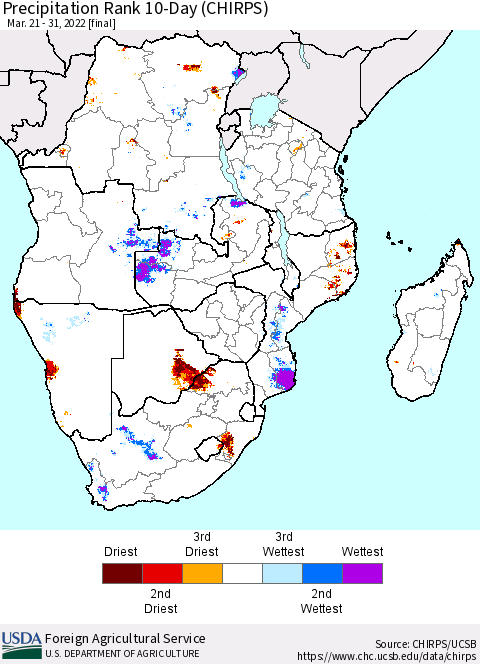 Southern Africa Precipitation Rank since 1981, 10-Day (CHIRPS) Thematic Map For 3/21/2022 - 3/31/2022