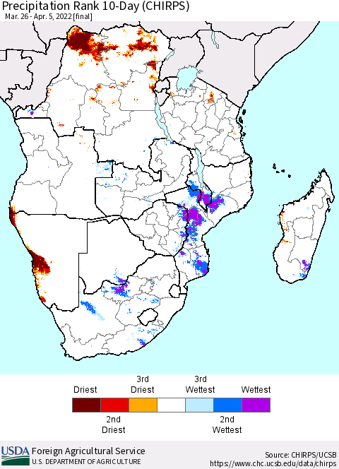 Southern Africa Precipitation Rank since 1981, 10-Day (CHIRPS) Thematic Map For 3/26/2022 - 4/5/2022