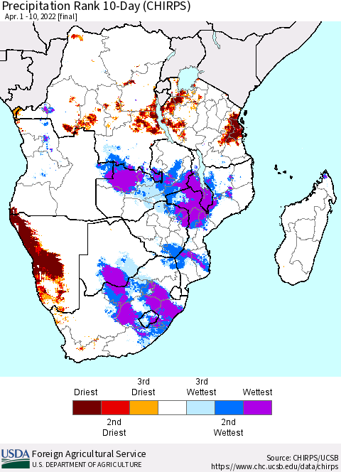 Southern Africa Precipitation Rank since 1981, 10-Day (CHIRPS) Thematic Map For 4/1/2022 - 4/10/2022