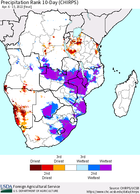 Southern Africa Precipitation Rank since 1981, 10-Day (CHIRPS) Thematic Map For 4/6/2022 - 4/15/2022