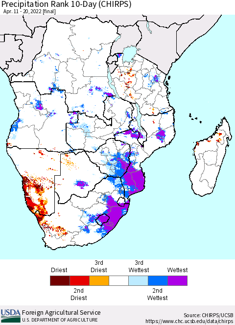 Southern Africa Precipitation Rank since 1981, 10-Day (CHIRPS) Thematic Map For 4/11/2022 - 4/20/2022