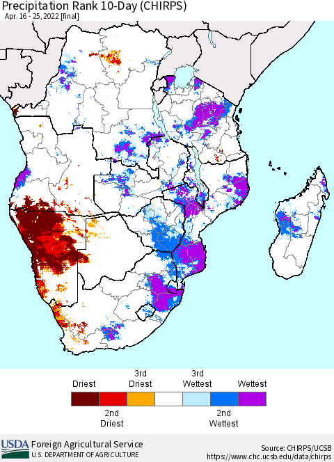 Southern Africa Precipitation Rank since 1981, 10-Day (CHIRPS) Thematic Map For 4/16/2022 - 4/25/2022