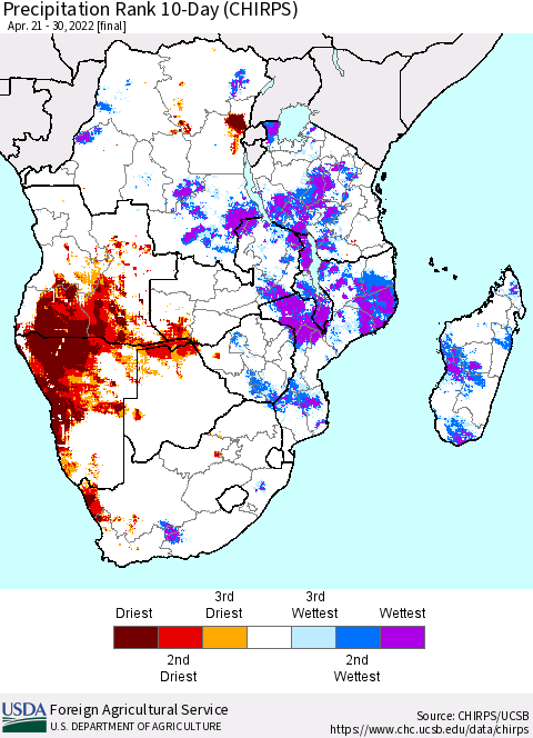 Southern Africa Precipitation Rank since 1981, 10-Day (CHIRPS) Thematic Map For 4/21/2022 - 4/30/2022