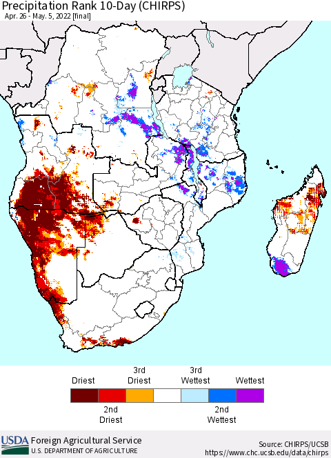 Southern Africa Precipitation Rank since 1981, 10-Day (CHIRPS) Thematic Map For 4/26/2022 - 5/5/2022