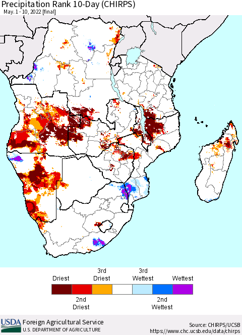 Southern Africa Precipitation Rank since 1981, 10-Day (CHIRPS) Thematic Map For 5/1/2022 - 5/10/2022