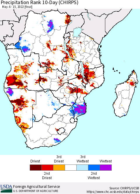 Southern Africa Precipitation Rank since 1981, 10-Day (CHIRPS) Thematic Map For 5/6/2022 - 5/15/2022