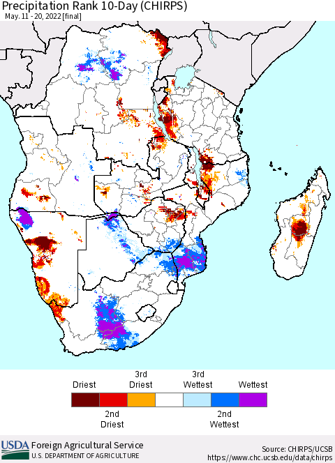 Southern Africa Precipitation Rank since 1981, 10-Day (CHIRPS) Thematic Map For 5/11/2022 - 5/20/2022