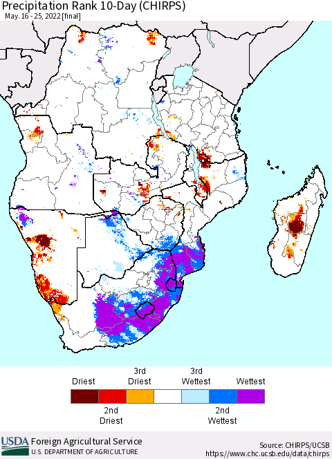 Southern Africa Precipitation Rank since 1981, 10-Day (CHIRPS) Thematic Map For 5/16/2022 - 5/25/2022