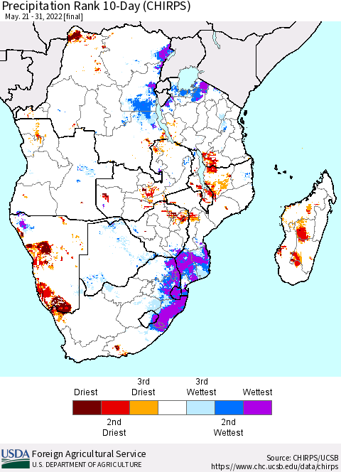Southern Africa Precipitation Rank since 1981, 10-Day (CHIRPS) Thematic Map For 5/21/2022 - 5/31/2022