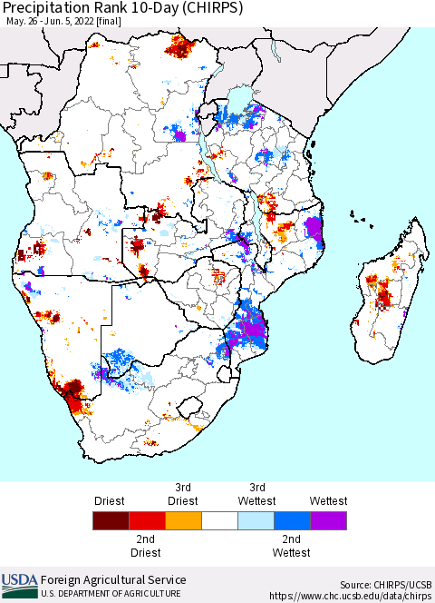 Southern Africa Precipitation Rank since 1981, 10-Day (CHIRPS) Thematic Map For 5/26/2022 - 6/5/2022