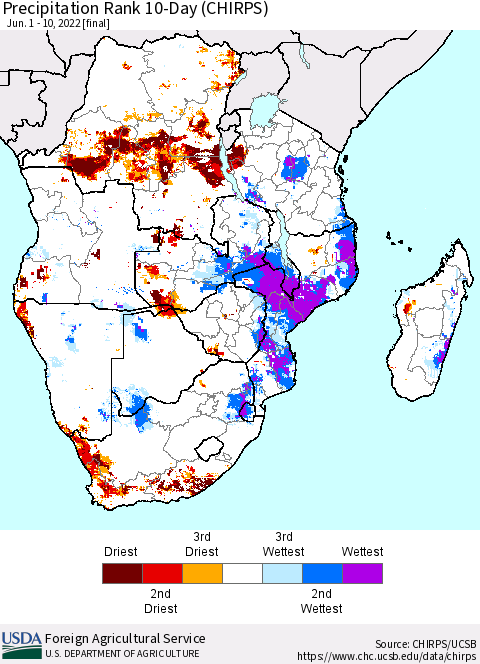 Southern Africa Precipitation Rank since 1981, 10-Day (CHIRPS) Thematic Map For 6/1/2022 - 6/10/2022