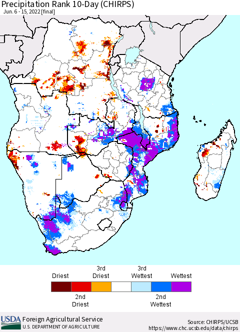 Southern Africa Precipitation Rank since 1981, 10-Day (CHIRPS) Thematic Map For 6/6/2022 - 6/15/2022