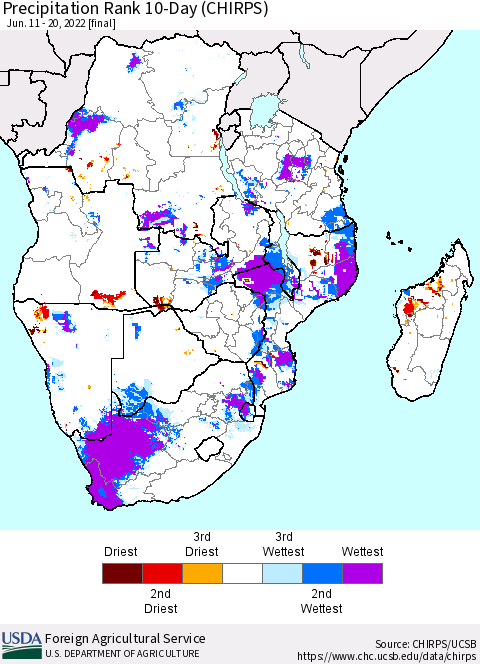 Southern Africa Precipitation Rank since 1981, 10-Day (CHIRPS) Thematic Map For 6/11/2022 - 6/20/2022