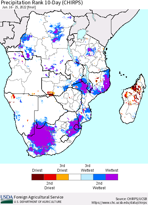Southern Africa Precipitation Rank since 1981, 10-Day (CHIRPS) Thematic Map For 6/16/2022 - 6/25/2022