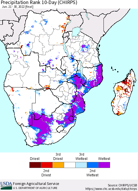 Southern Africa Precipitation Rank since 1981, 10-Day (CHIRPS) Thematic Map For 6/21/2022 - 6/30/2022