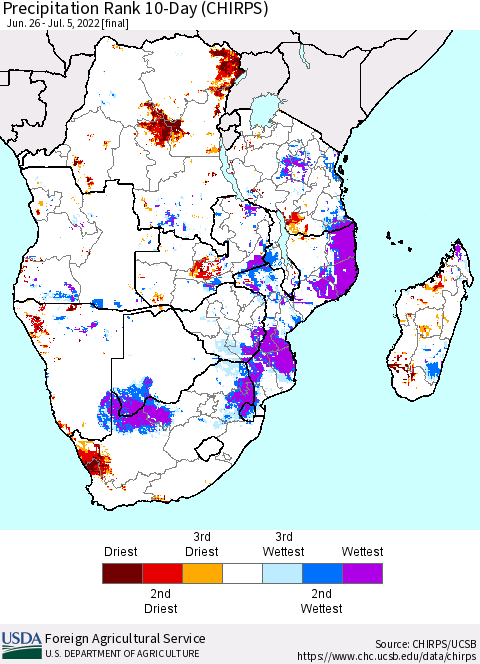 Southern Africa Precipitation Rank since 1981, 10-Day (CHIRPS) Thematic Map For 6/26/2022 - 7/5/2022