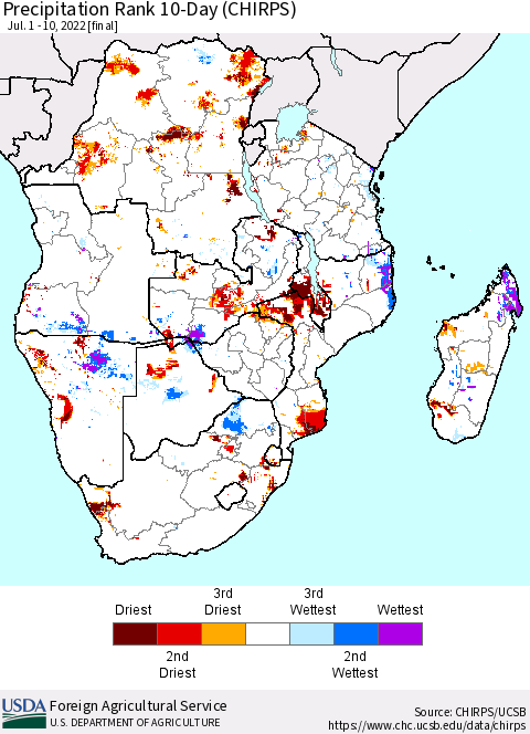 Southern Africa Precipitation Rank since 1981, 10-Day (CHIRPS) Thematic Map For 7/1/2022 - 7/10/2022