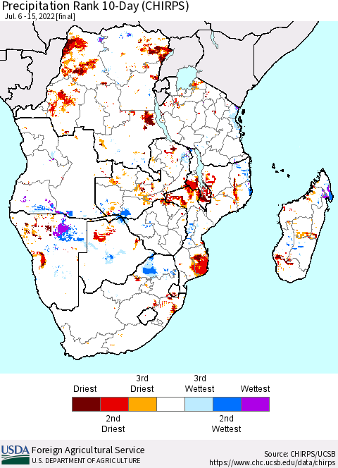 Southern Africa Precipitation Rank since 1981, 10-Day (CHIRPS) Thematic Map For 7/6/2022 - 7/15/2022
