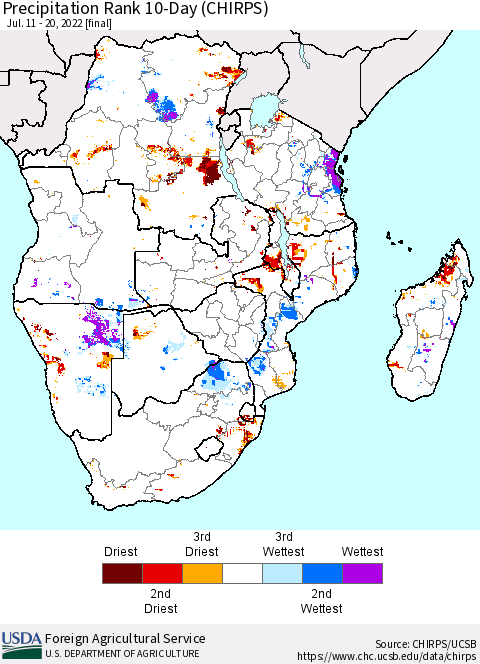 Southern Africa Precipitation Rank since 1981, 10-Day (CHIRPS) Thematic Map For 7/11/2022 - 7/20/2022