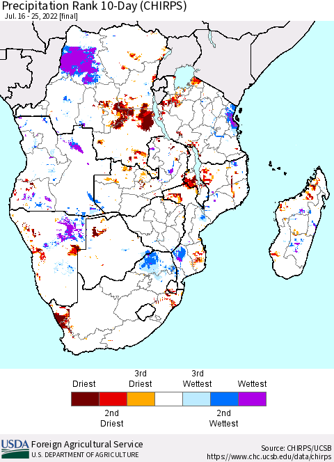 Southern Africa Precipitation Rank since 1981, 10-Day (CHIRPS) Thematic Map For 7/16/2022 - 7/25/2022