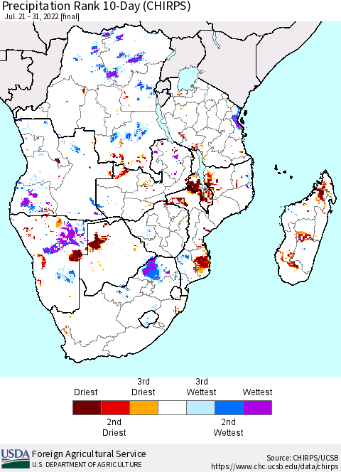 Southern Africa Precipitation Rank since 1981, 10-Day (CHIRPS) Thematic Map For 7/21/2022 - 7/31/2022