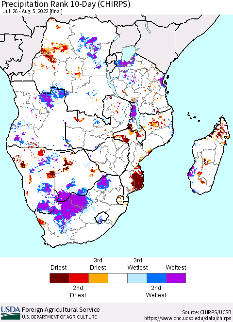 Southern Africa Precipitation Rank since 1981, 10-Day (CHIRPS) Thematic Map For 7/26/2022 - 8/5/2022