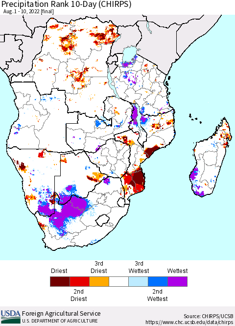 Southern Africa Precipitation Rank since 1981, 10-Day (CHIRPS) Thematic Map For 8/1/2022 - 8/10/2022