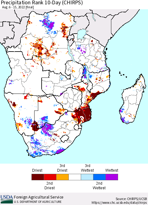 Southern Africa Precipitation Rank since 1981, 10-Day (CHIRPS) Thematic Map For 8/6/2022 - 8/15/2022