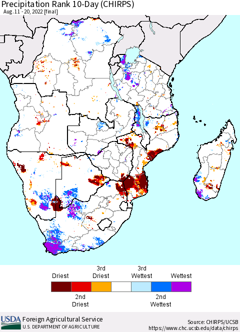 Southern Africa Precipitation Rank since 1981, 10-Day (CHIRPS) Thematic Map For 8/11/2022 - 8/20/2022