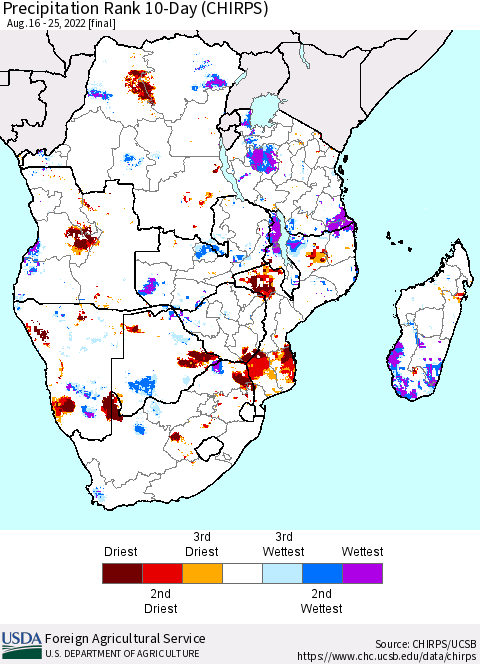 Southern Africa Precipitation Rank since 1981, 10-Day (CHIRPS) Thematic Map For 8/16/2022 - 8/25/2022