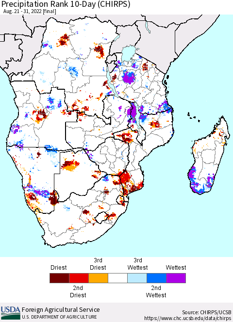 Southern Africa Precipitation Rank since 1981, 10-Day (CHIRPS) Thematic Map For 8/21/2022 - 8/31/2022