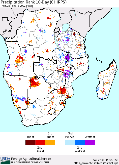 Southern Africa Precipitation Rank since 1981, 10-Day (CHIRPS) Thematic Map For 8/26/2022 - 9/5/2022