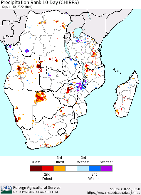 Southern Africa Precipitation Rank since 1981, 10-Day (CHIRPS) Thematic Map For 9/1/2022 - 9/10/2022