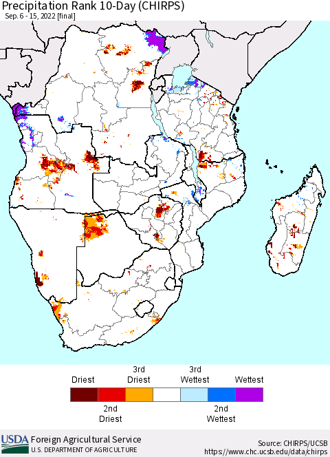 Southern Africa Precipitation Rank since 1981, 10-Day (CHIRPS) Thematic Map For 9/6/2022 - 9/15/2022