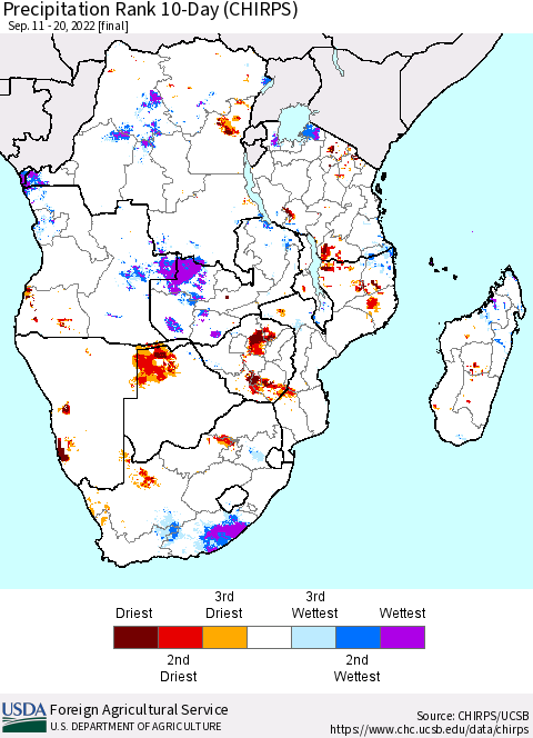 Southern Africa Precipitation Rank since 1981, 10-Day (CHIRPS) Thematic Map For 9/11/2022 - 9/20/2022
